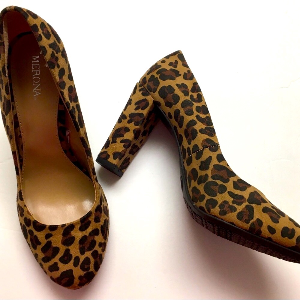 Merona Faux Suede Leopard Print Block Heel Size 6.5 Black Brown Rubber Sole NEW